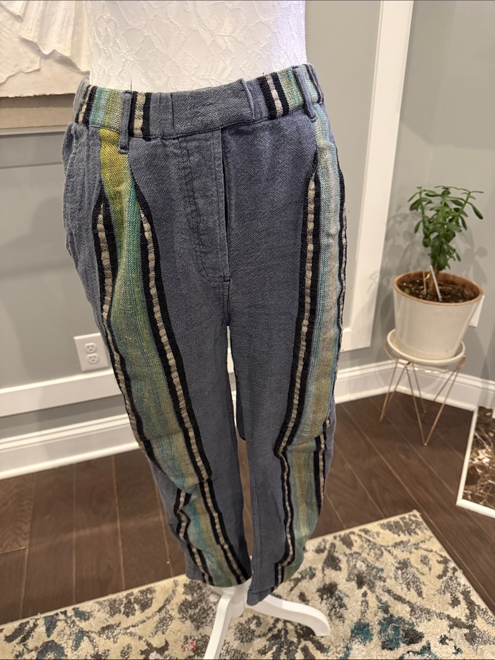 Free People Out And About Knit Striped Trousers Boho Blue Green Pants Size 6
